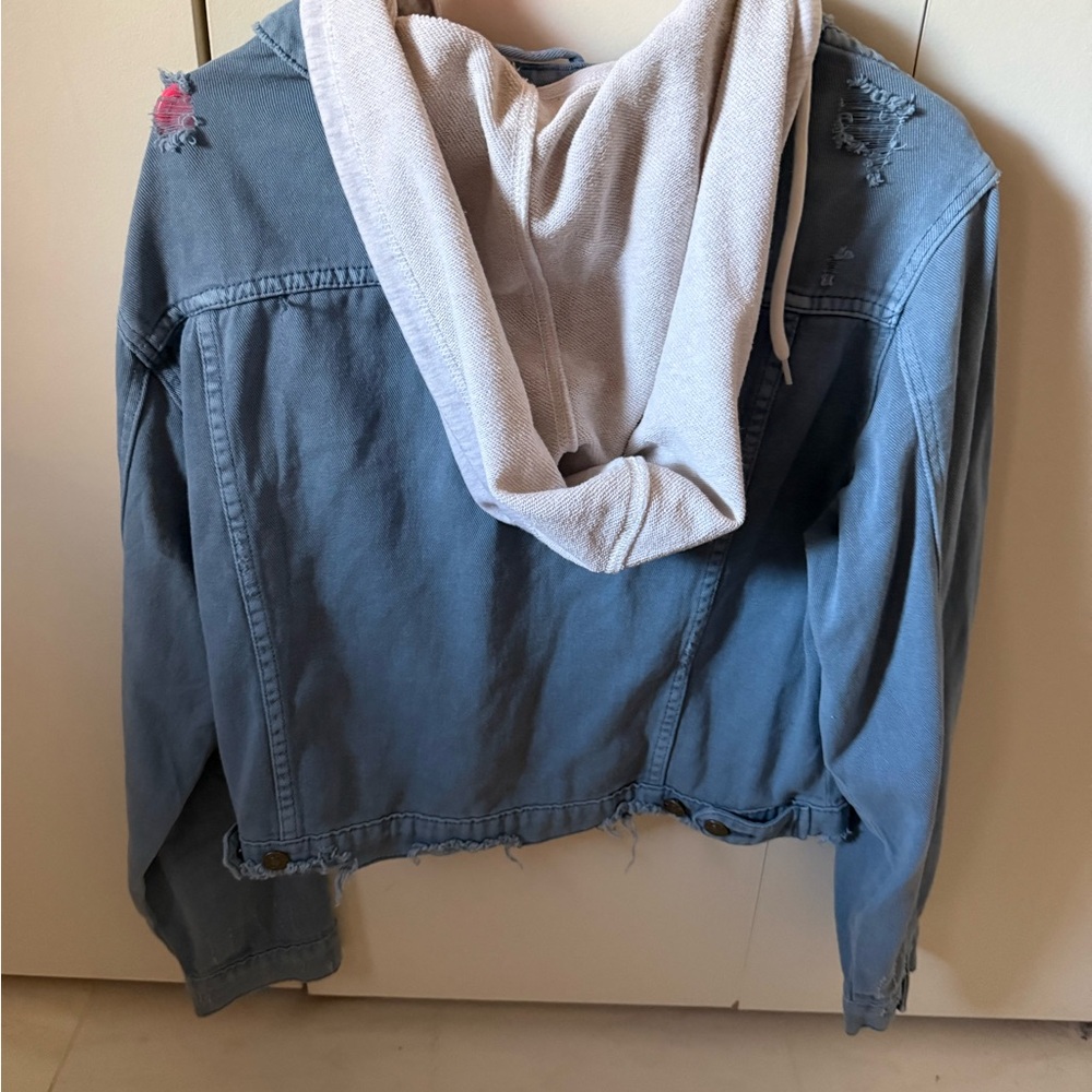 Mustard Seed distressed cropped Blue Denim Jacket with detachable Hood